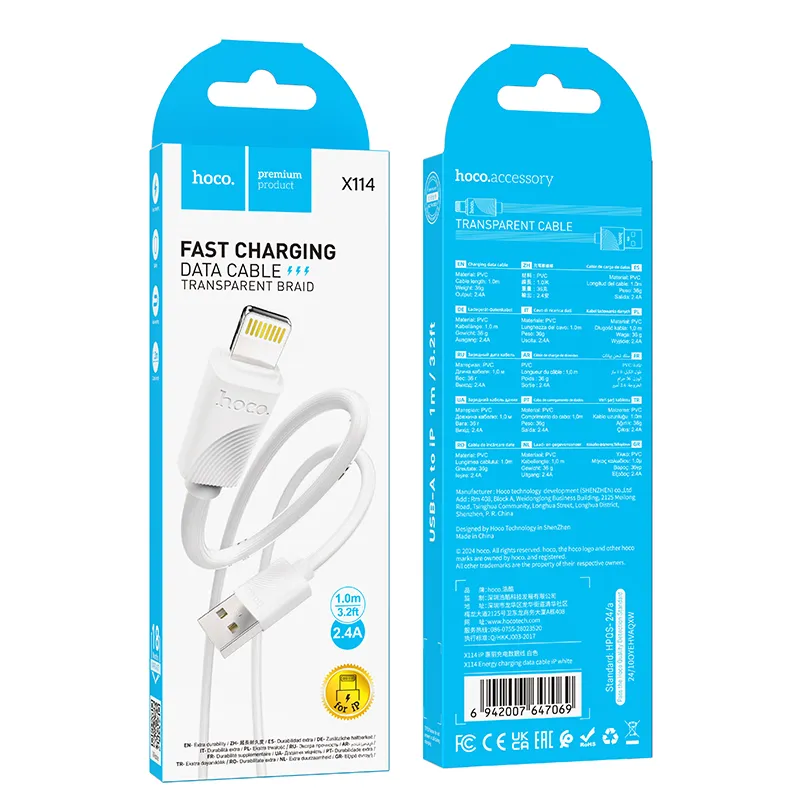 Cable USB A to Lightning Hoco 2,4A 1 m X114 white