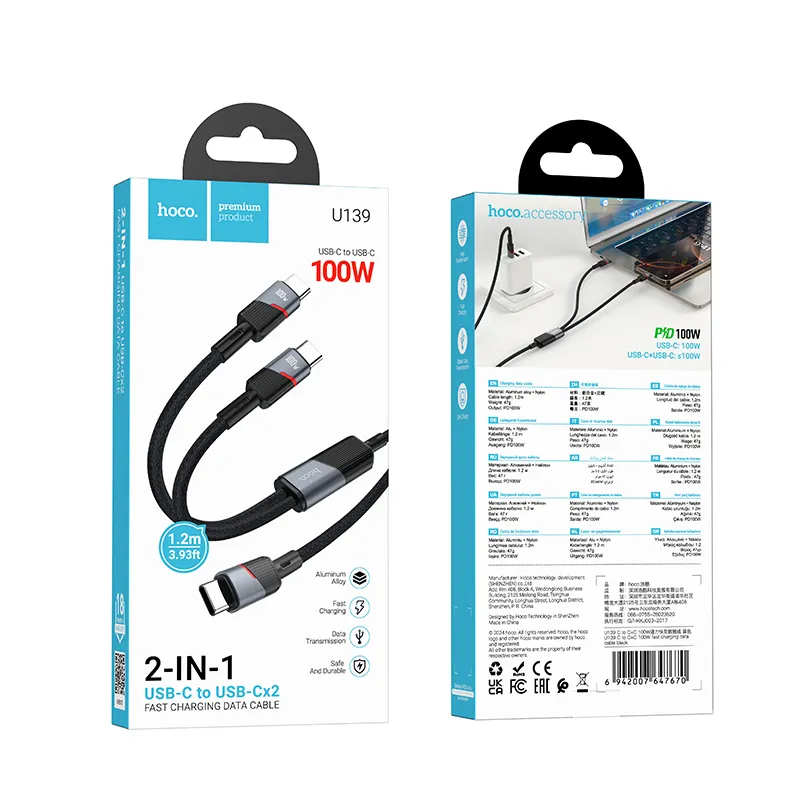 Cable 2in1 USB C to USB C / USB C Hoco 5A 100W 1,2 m U139 black