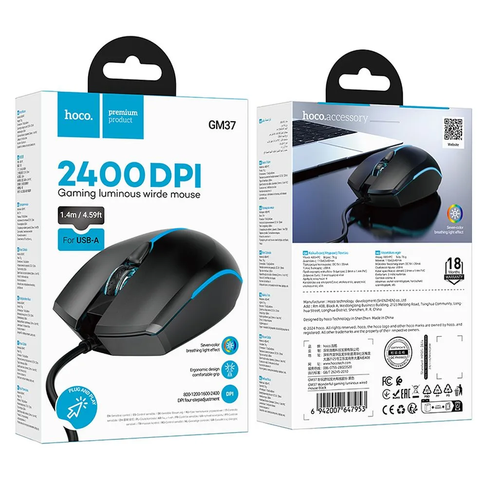 Wire gaming mouse Hoco USB A 2400 dpi GM37 black