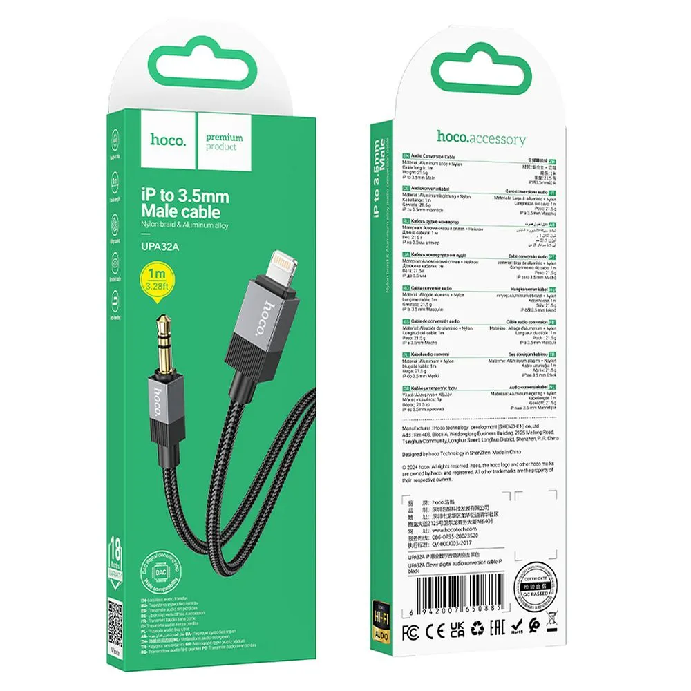 Cable AUX Jack 3,5 mm (male) to Lightning (male) Hoco 1 m UPA32A black