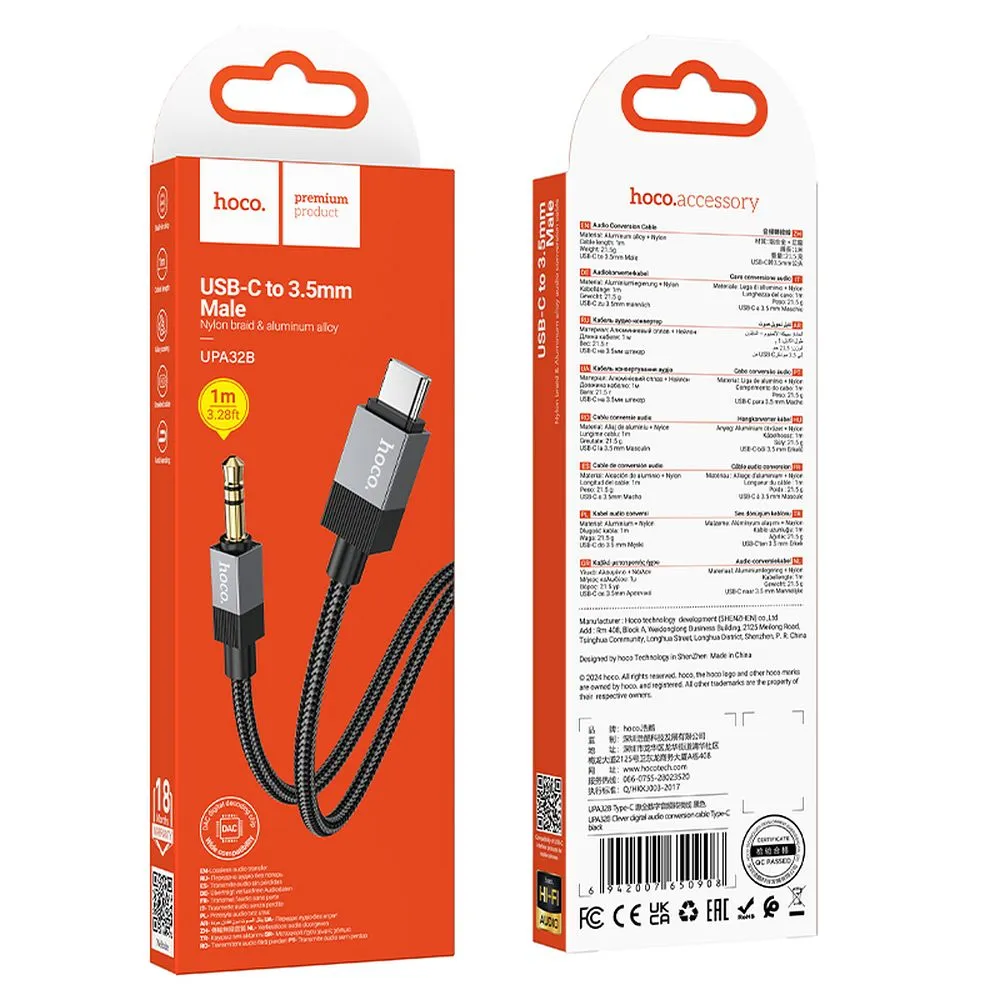 Cable AUX Jack 3,5 mm (male) to USB C (male) Hoco 1 m UPA32B black