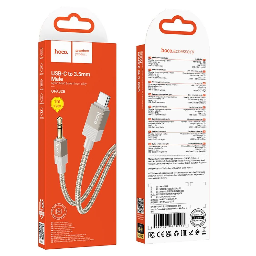 Cable AUX Jack 3,5 mm (male) to USB C (male) Hoco 1 m UPA32B gold