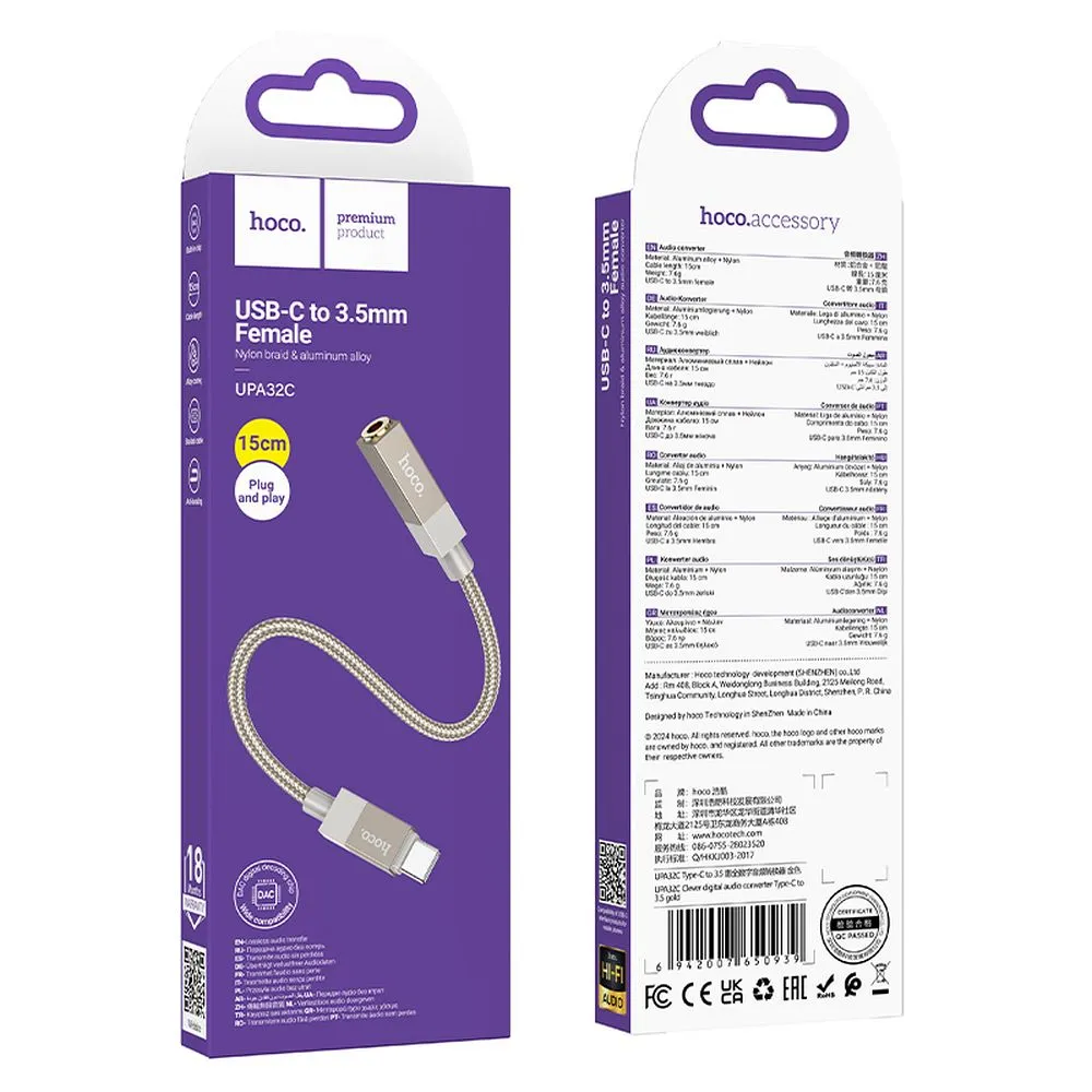 Adapter AUX USB C (male) to Jack 3,5 mm (female) Hoco UPA32C gold