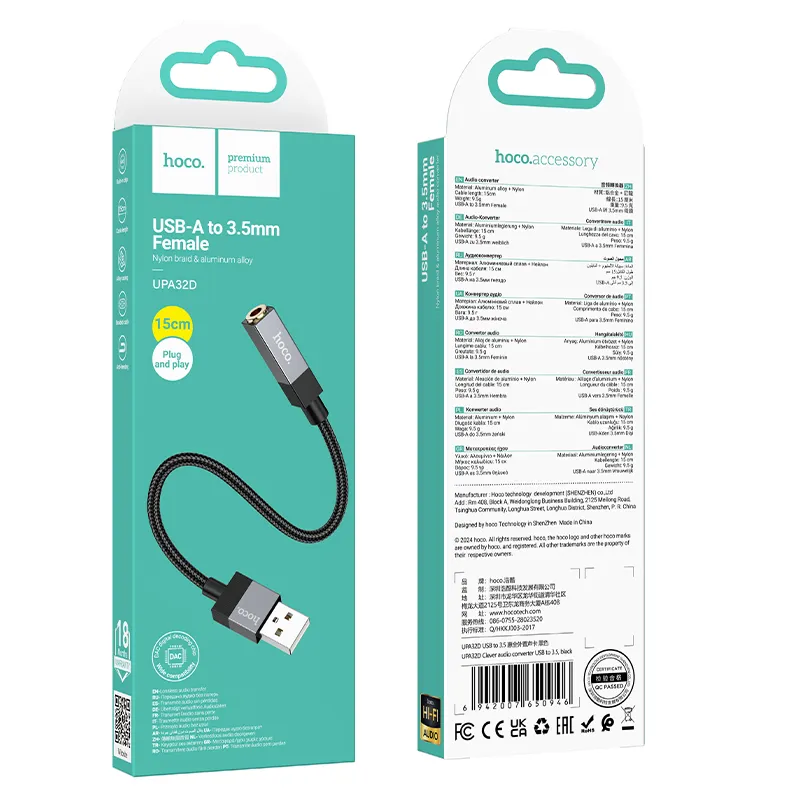 Adapter AUX USB A (male) to Jack 3,5 mm (female) Hoco UPA32D black