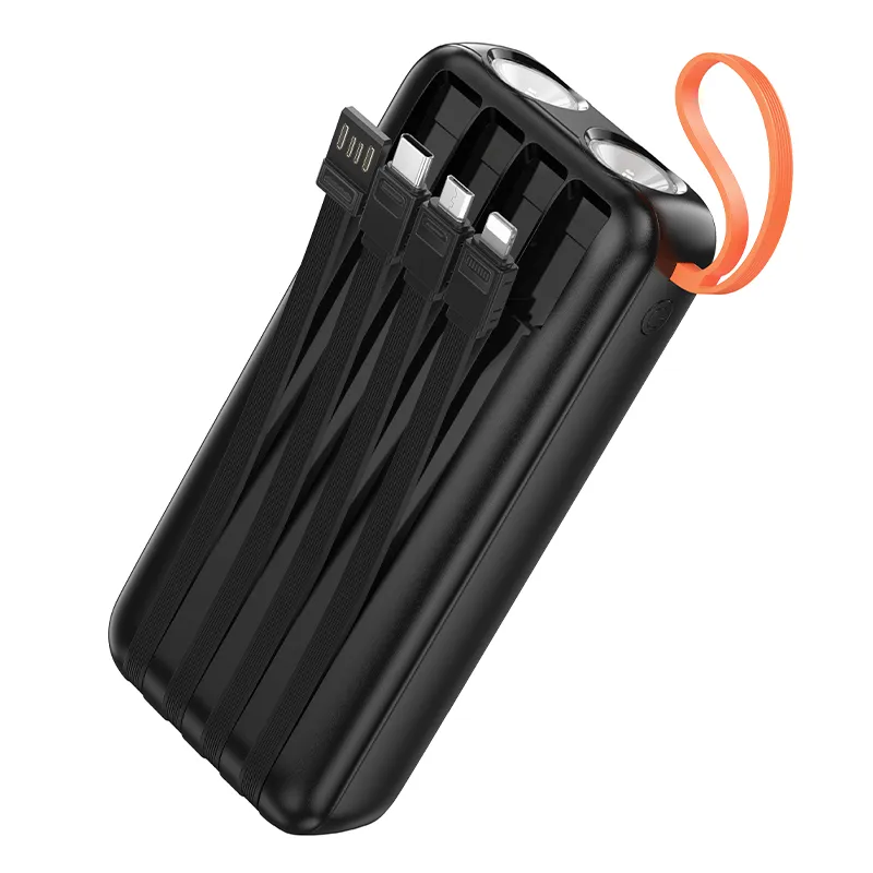 Powerbank Hoco 20000 mAh 2A with built-in cables USB A + USB C+ Lightning + Micro USB and double light J151A black