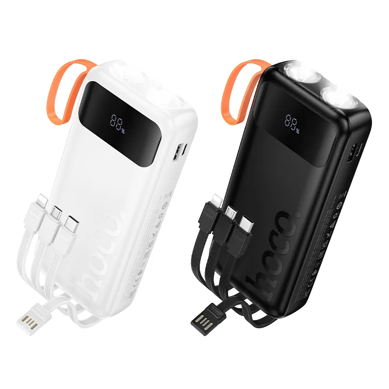 Powerbank Hoco 20000 mAh 2A with built-in cables USB A + USB C+ Lightning + Micro USB and double light J151A black