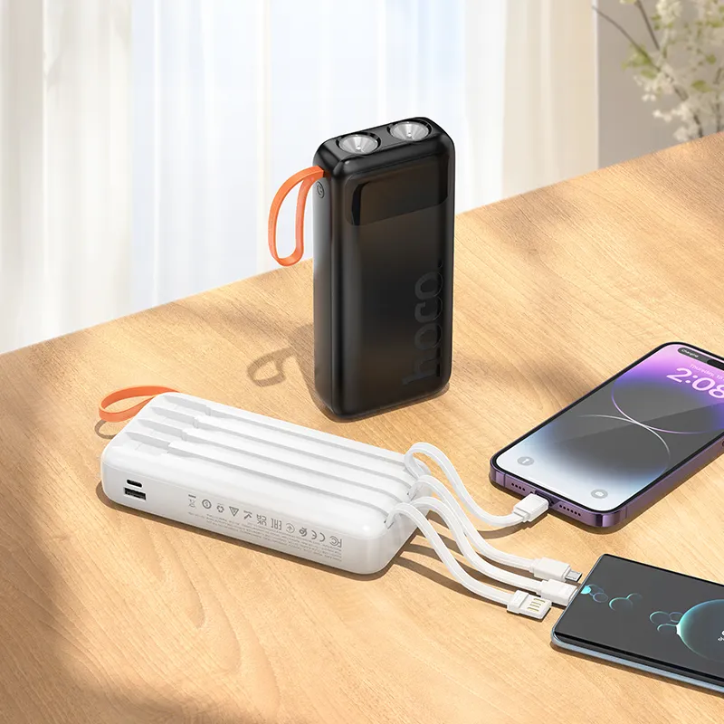 Powerbank Hoco 20000 mAh 2A with built-in cables USB A + USB C+ Lightning + Micro USB and double light J151A black