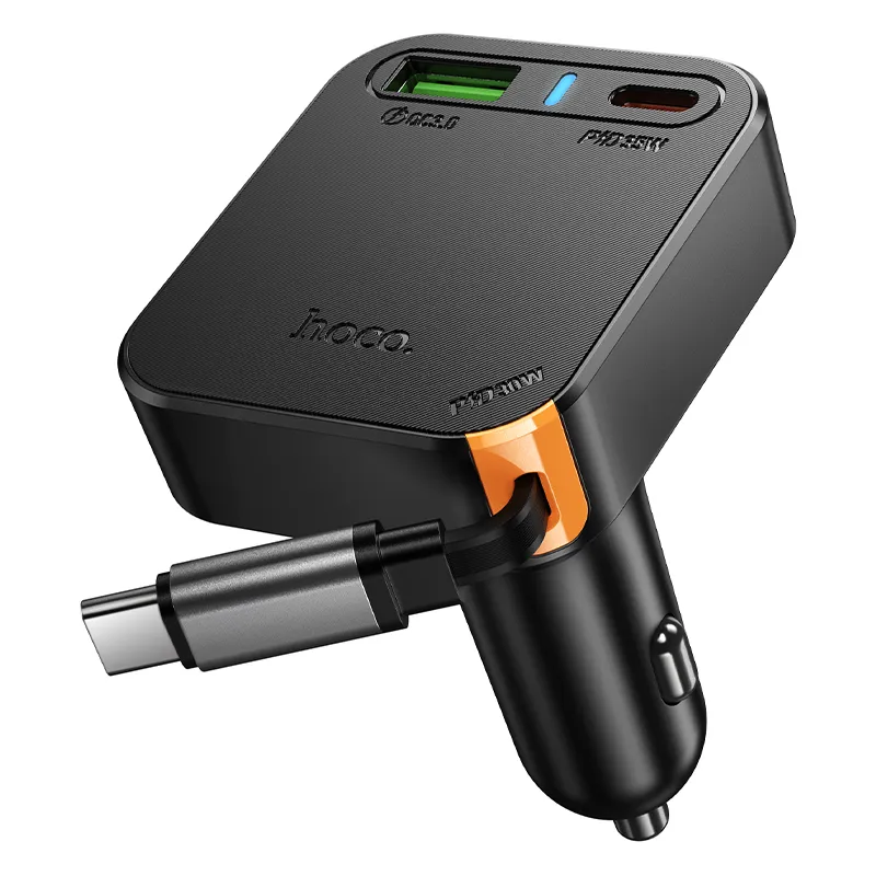 Car charger Hoco wit retractable cable 2 x USB C + USB A QC PD 65W NZ18 black