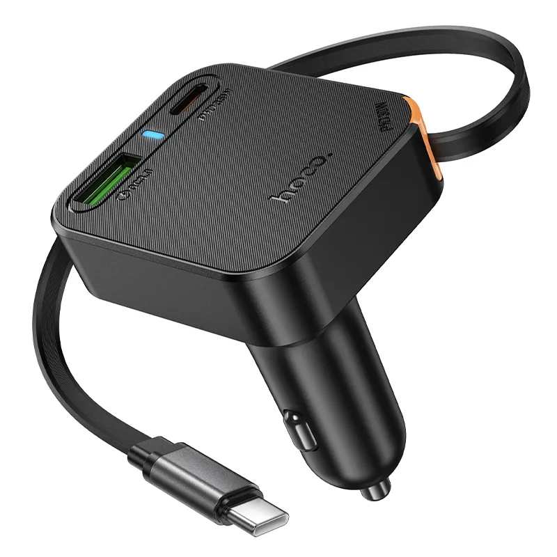 Car charger Hoco wit retractable cable 2 x USB C + USB A QC PD 65W NZ18 black