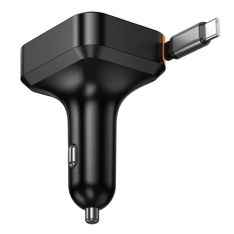 Car charger Hoco wit retractable cable 2 x USB C + USB A QC PD 65W NZ18 black
