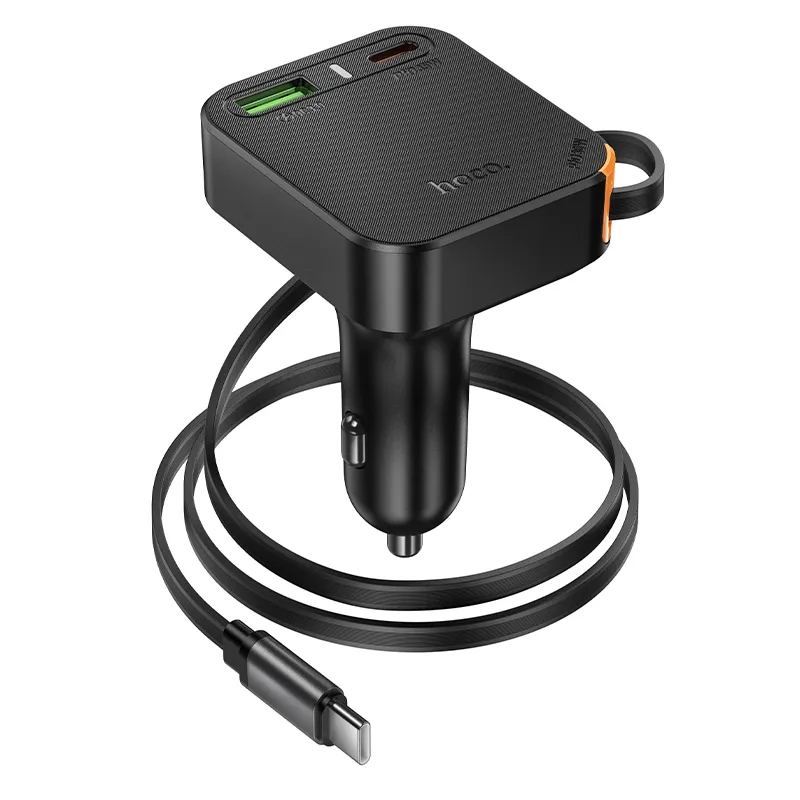 Car charger Hoco wit retractable cable 2 x USB C + USB A QC PD 65W NZ18 black