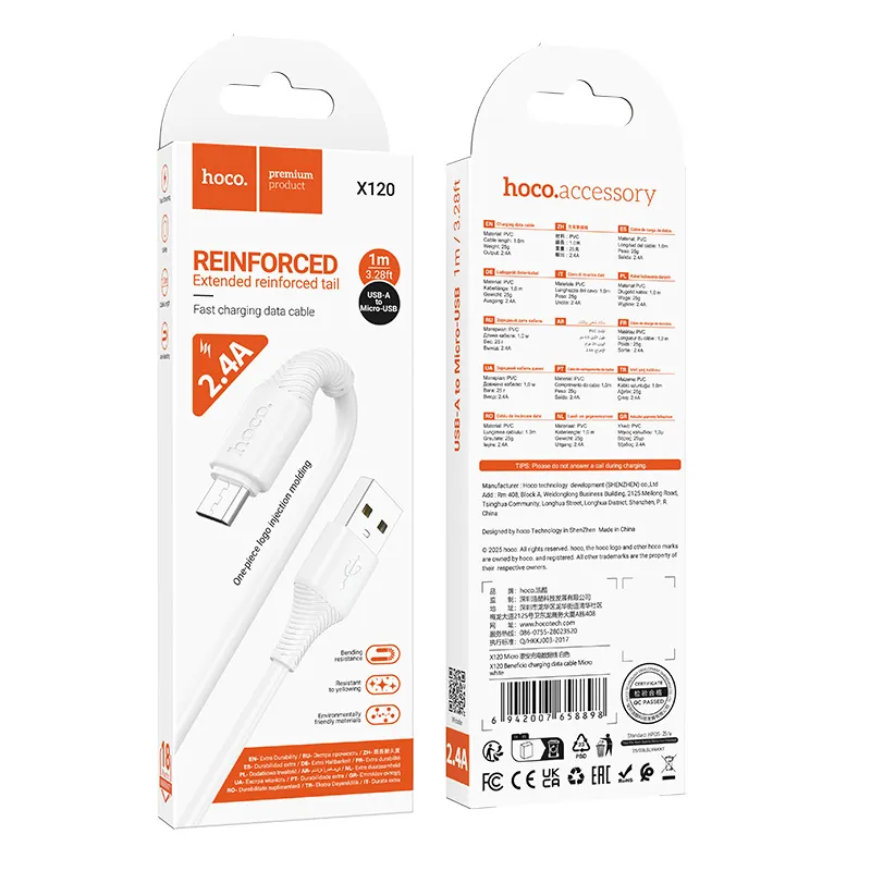 Cable USB A to Micro USB Hoco 2,4A 1 m X120 white