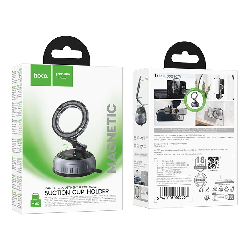 Car holder magnetic Hoco with adjustable suction cum H92 black metal gray