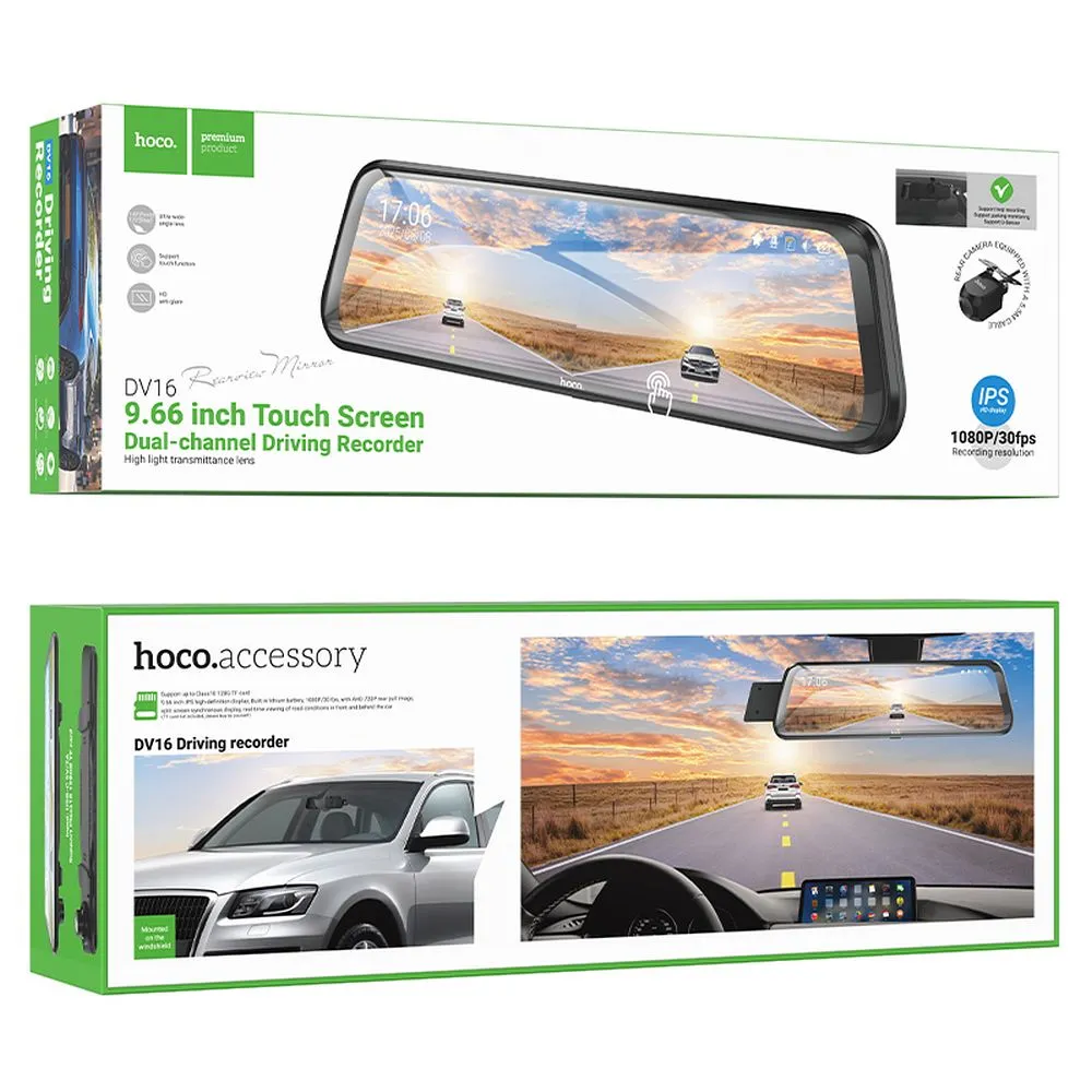 Dashcam passend für rearview mirror with a display 9,66" 1080p/30fps + rear camera 720p/30fps Hoco DV16 black