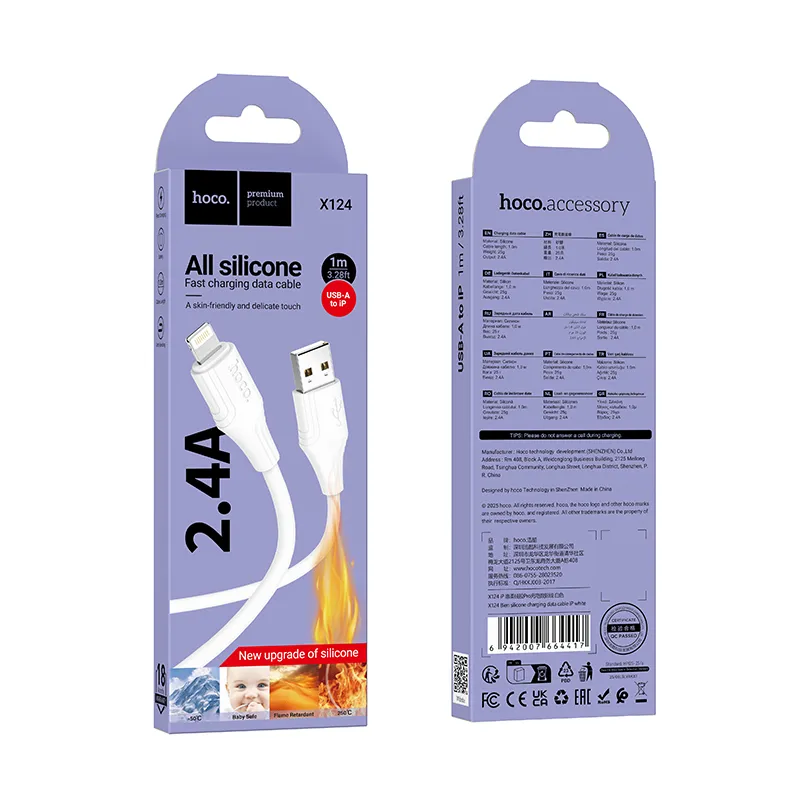 Silicone Cable USB A to Lightning Hoco 2,4A 1 m X124 white