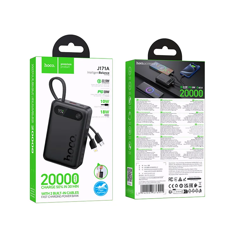 Powerbank Hoco 20000 mAh QC PD 2A 22,5W with built-in cables USB C + Lightning J171A black
