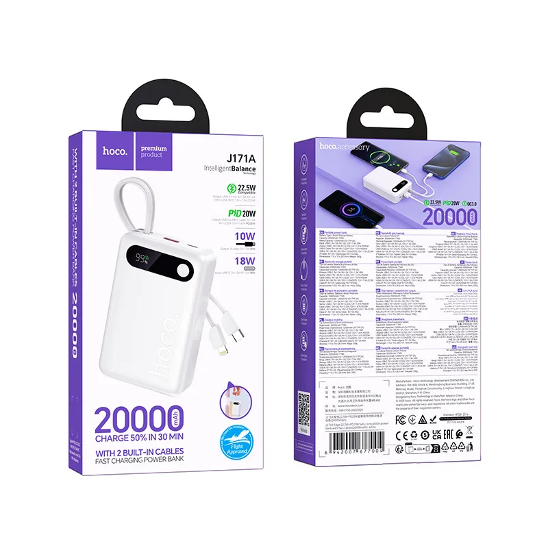 Powerbank Hoco 20000 mAh QC PD 2A 22,5W with built-in cables USB C + Lightning J171A white