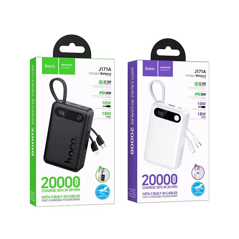 Powerbank Hoco 20000 mAh QC PD 2A 22,5W with built-in cables USB C + Lightning J171A white