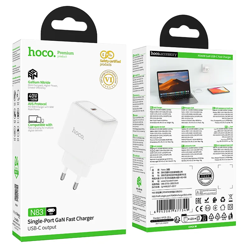 Phone GaN charger Hoco USB C PD AVS 40W max 60W N83 white