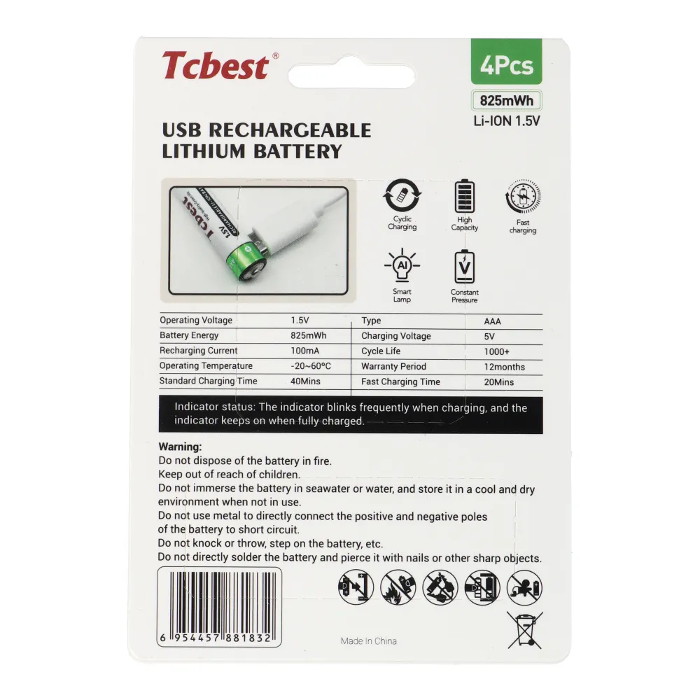 TCBEST rechargable battery R3 (AAA) 550 mAh with socket Type C + cable USB A to 4 x Type C 4 pcs