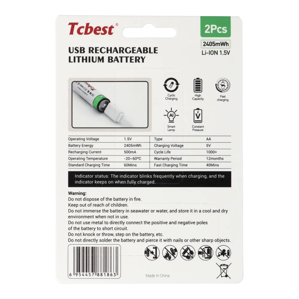 TCBEST rechargable battery R6 (AA) 1600 mAh with socket Type C + cable USB A to 2 x Type C 2 pcs