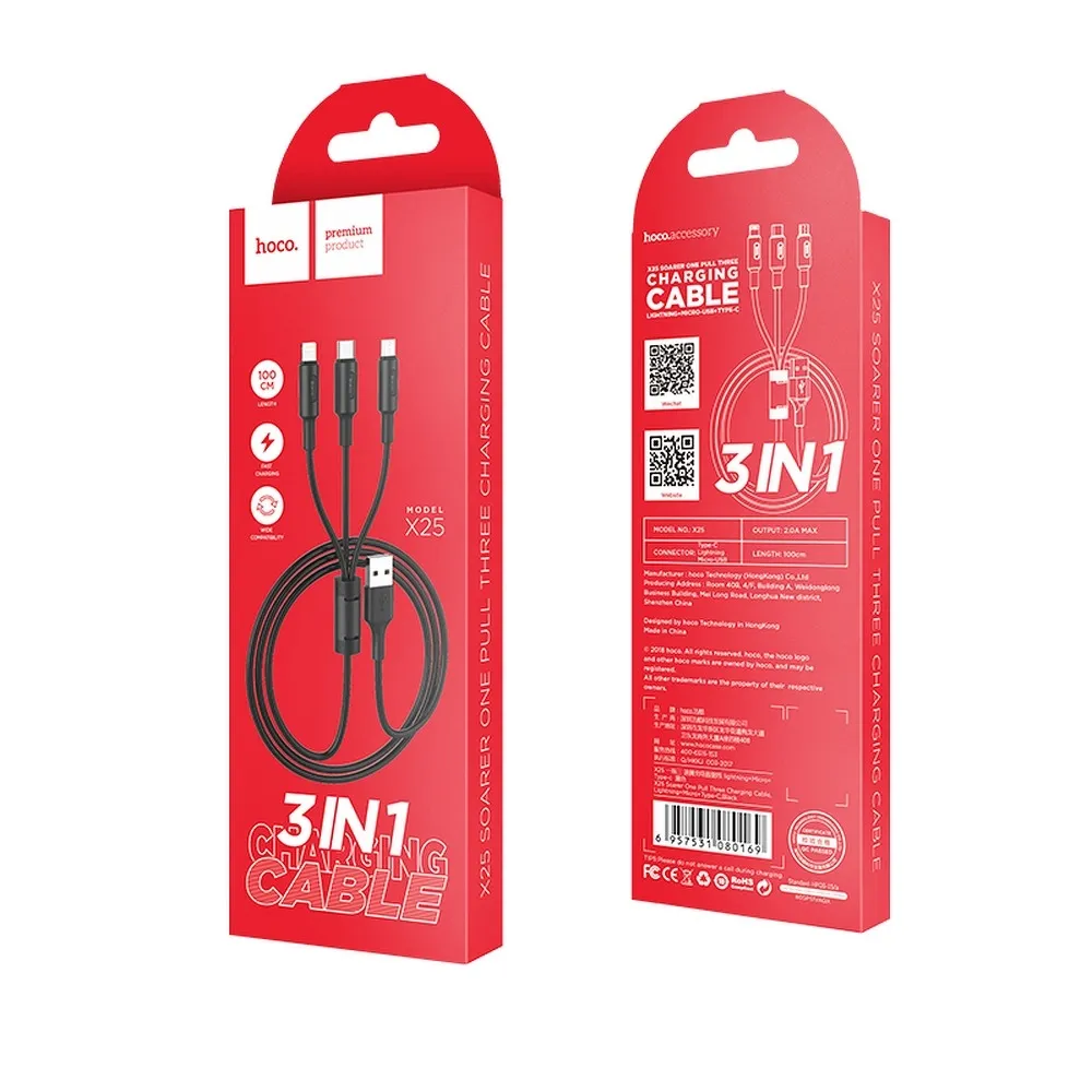 HOCO cable USB kabel Soarer 3w1 ( iPhone Lightning 8-pin+Micro+Typ C) X25 1 m schwarz