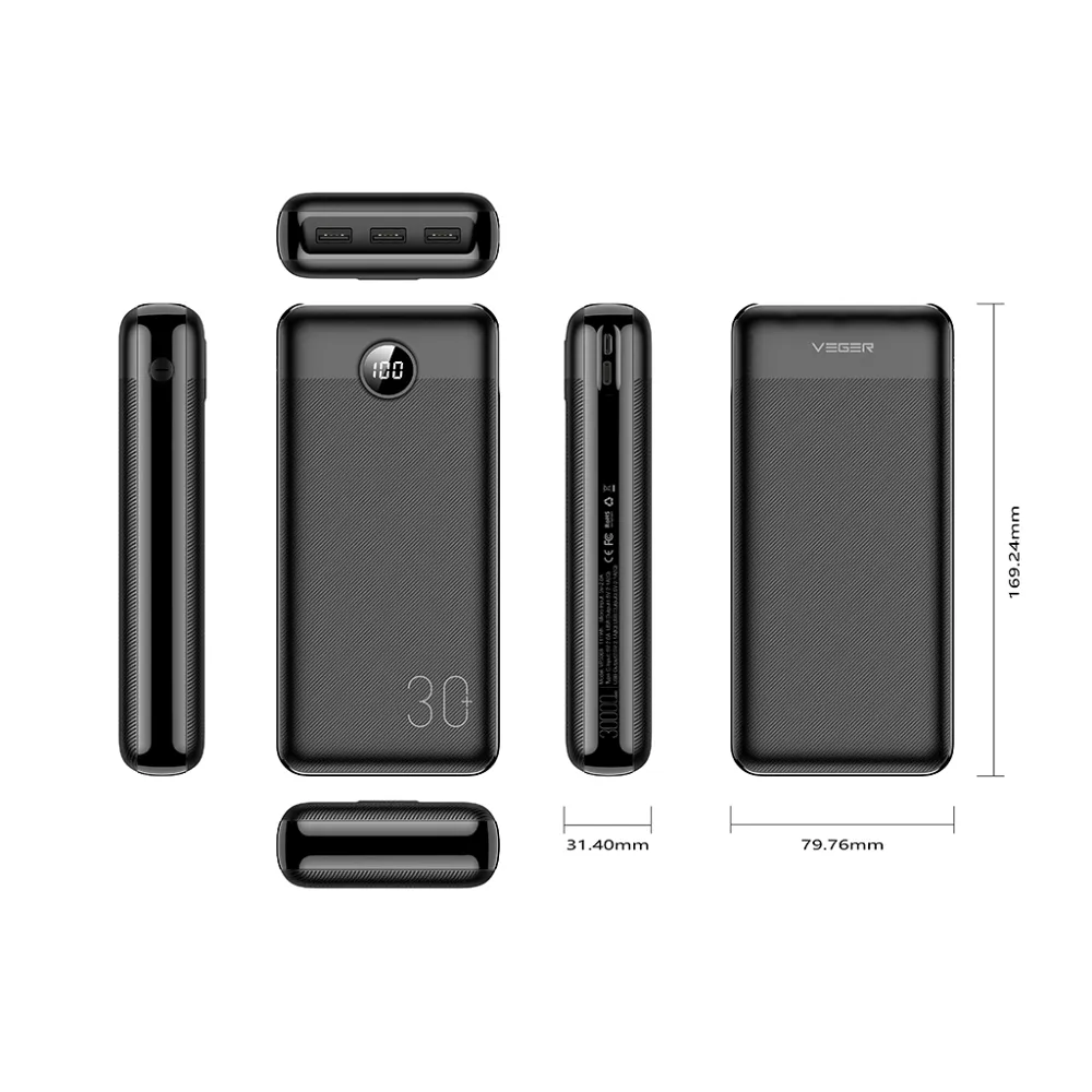VEGER powerbank 30 000 mAh PD QC3.0 3A 20W L30 (W3008PD) schwarz