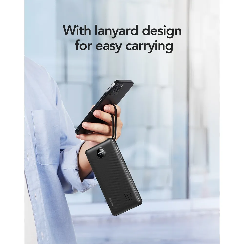 VEGER Powerbank 10 000 mAh mit integriertem Micro USB / Typ C / Lightning C10 Kabel (W1116) schwarz