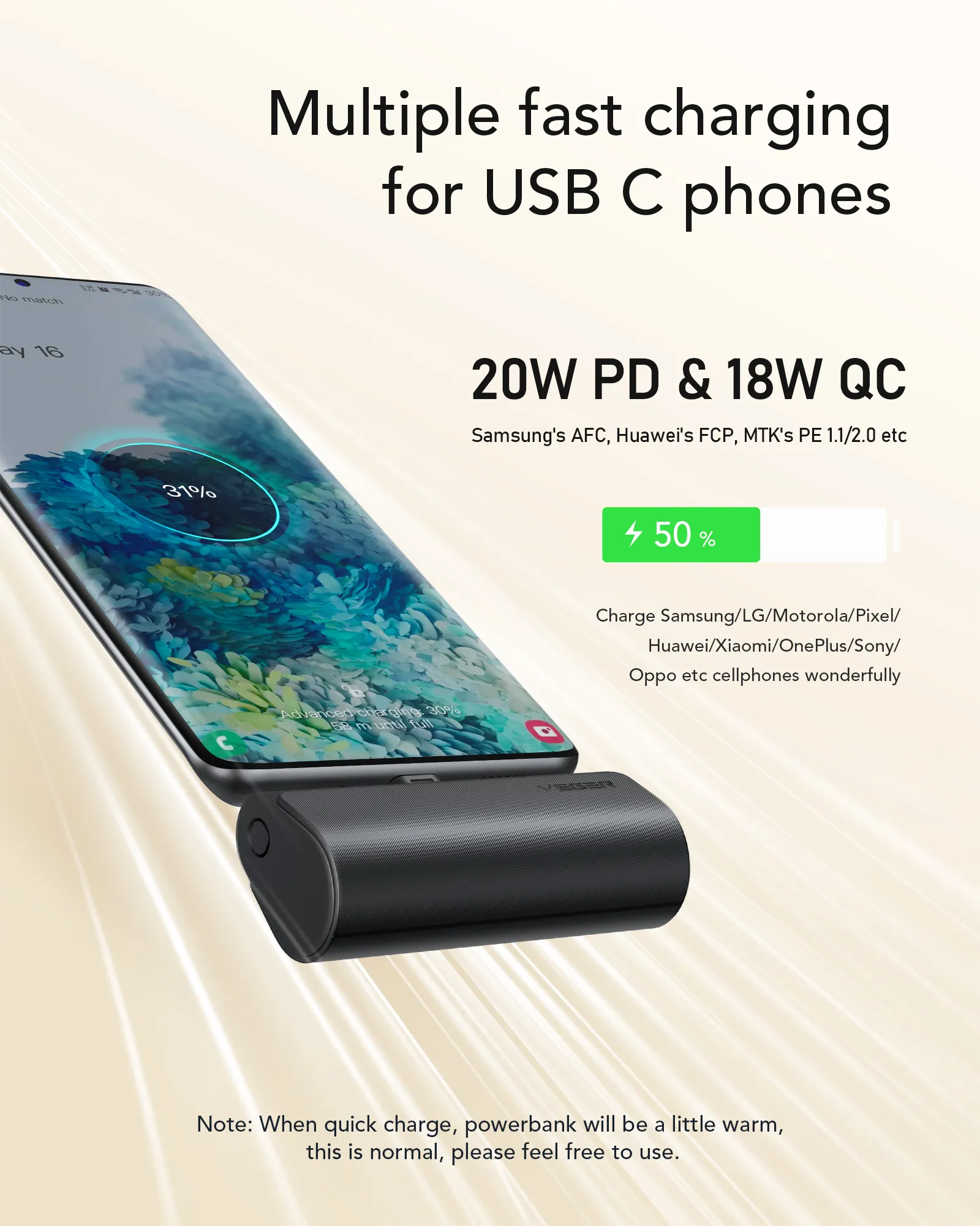 VEGER Powerbank 5 000 mAh mit integriertem Typ C PD QC3.0 3A 20W PlugOn Anschluss (W0556) schwarz