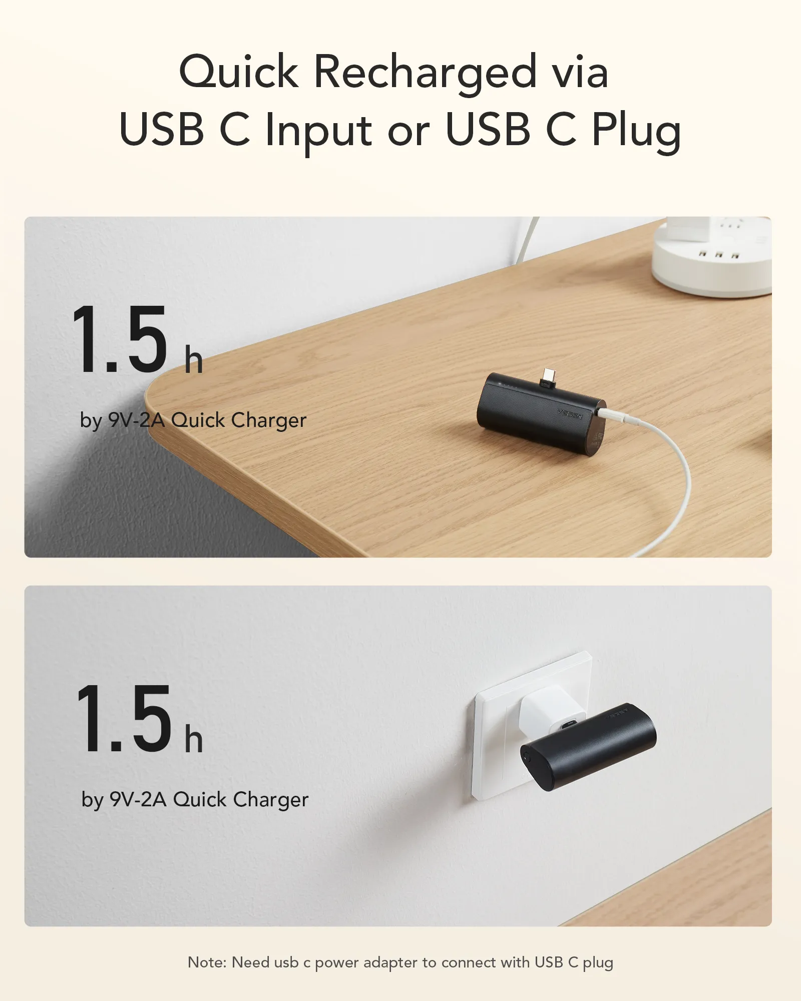VEGER Powerbank 5 000 mAh mit integriertem Typ C PD QC3.0 3A 20W PlugOn Anschluss (W0556) schwarz