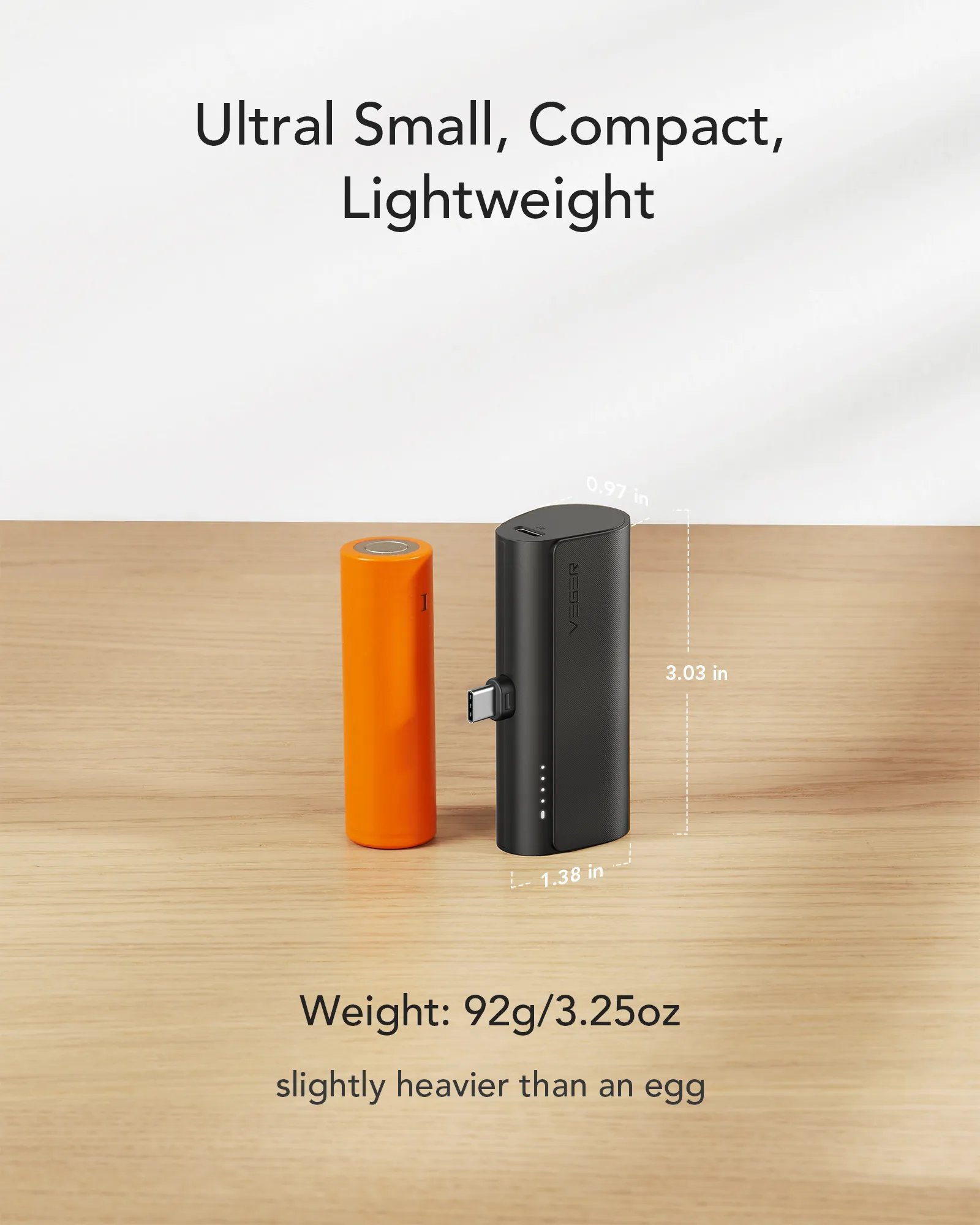 VEGER Powerbank 5 000 mAh mit integriertem Typ C PD QC3.0 3A 20W PlugOn Anschluss (W0556) schwarz