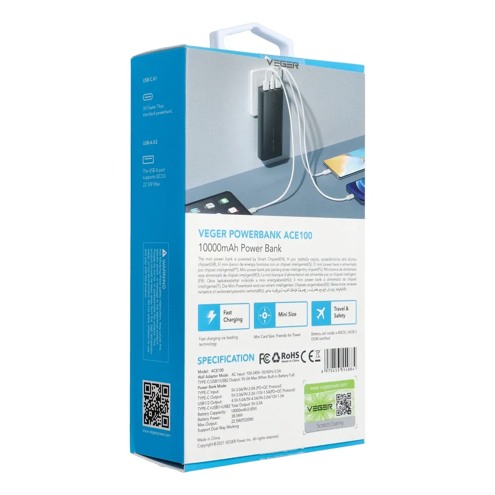 Powerbank Veger ACE100 (W1146) PD QC3.0 20W 10000 mAh black
