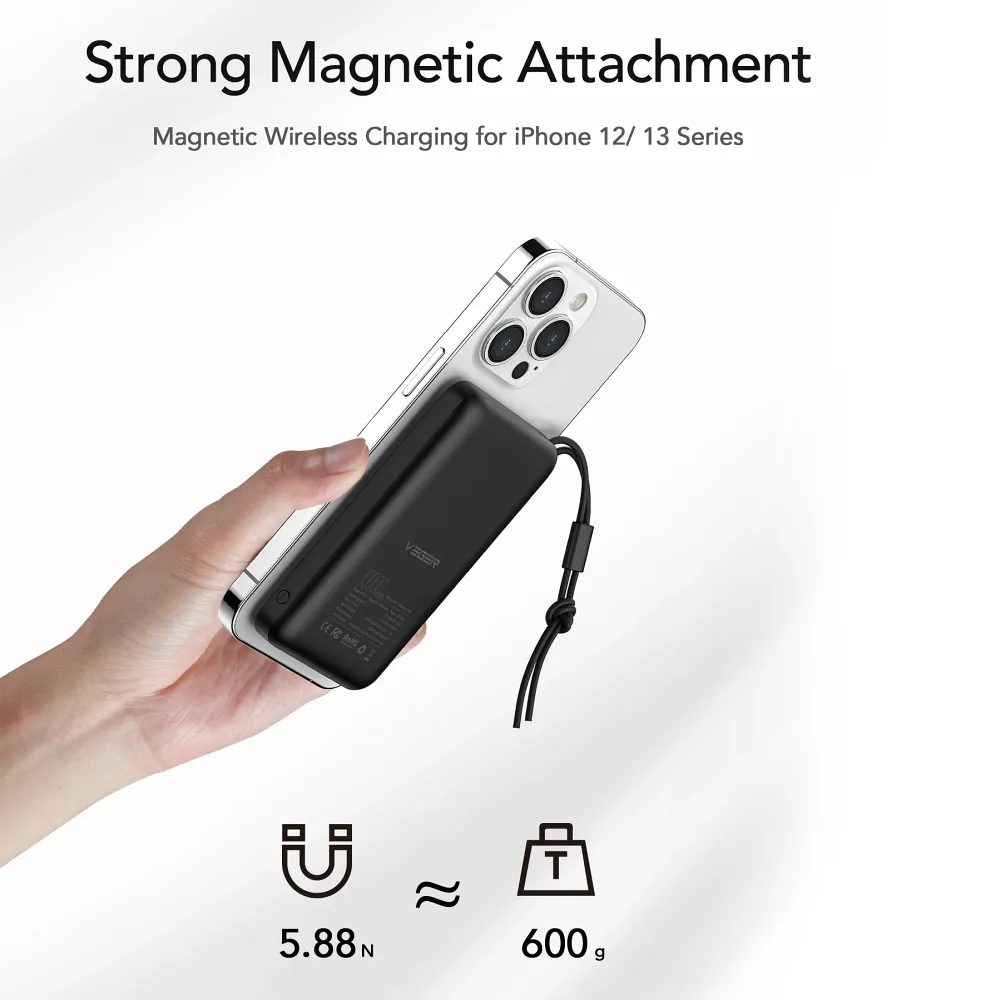 VEGER Powerbank 10 000 mAh mit induktiver Ladung kompatibel mit MagSafe PD QC3.0 2A 20W MagOn (VP1151 / W1151) weiß