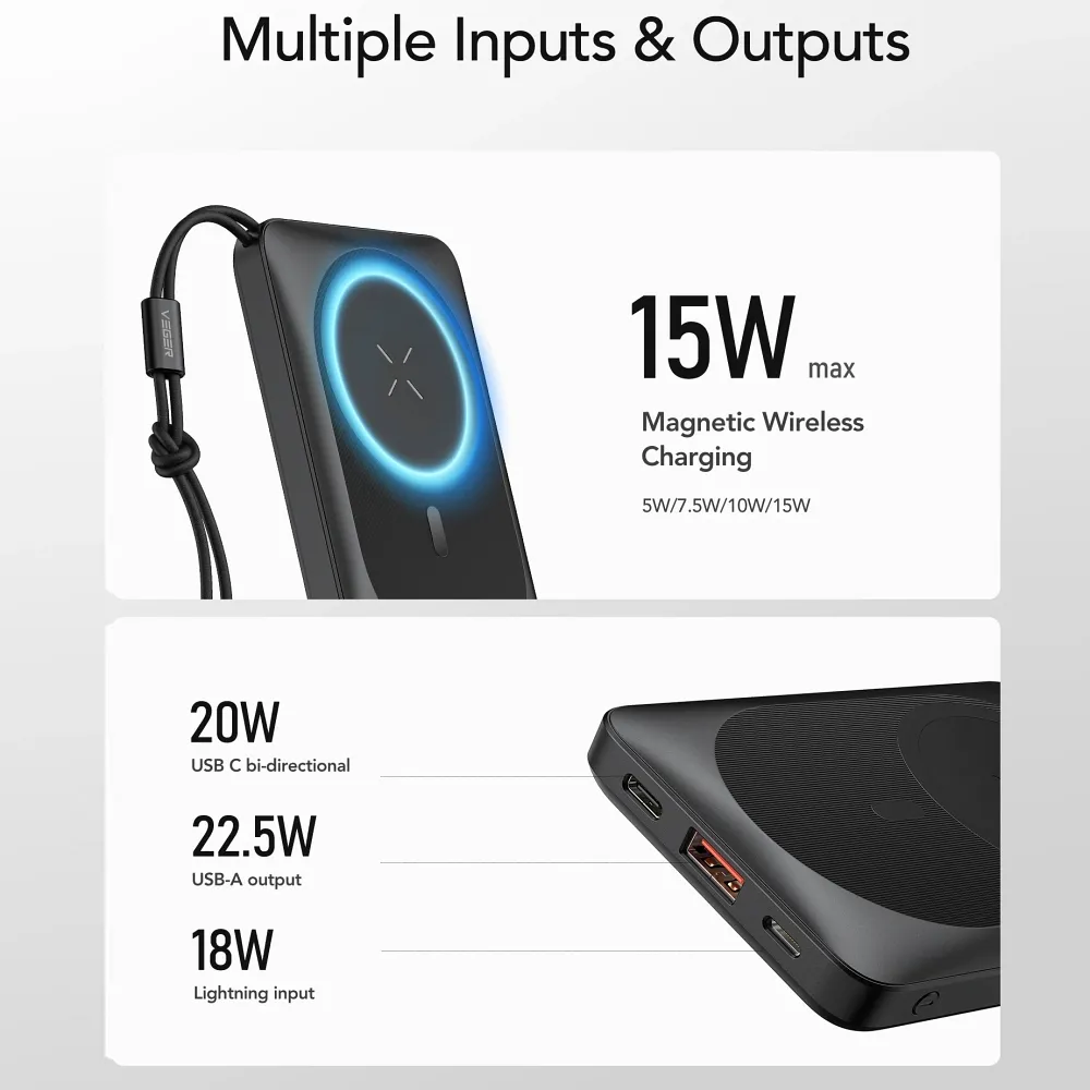 VEGER Powerbank 10 000 mAh mit induktiver Ladung kompatibel mit MagSafe PD QC3.0 2A 20W MagOn (VP1151 / W1151) weiß
