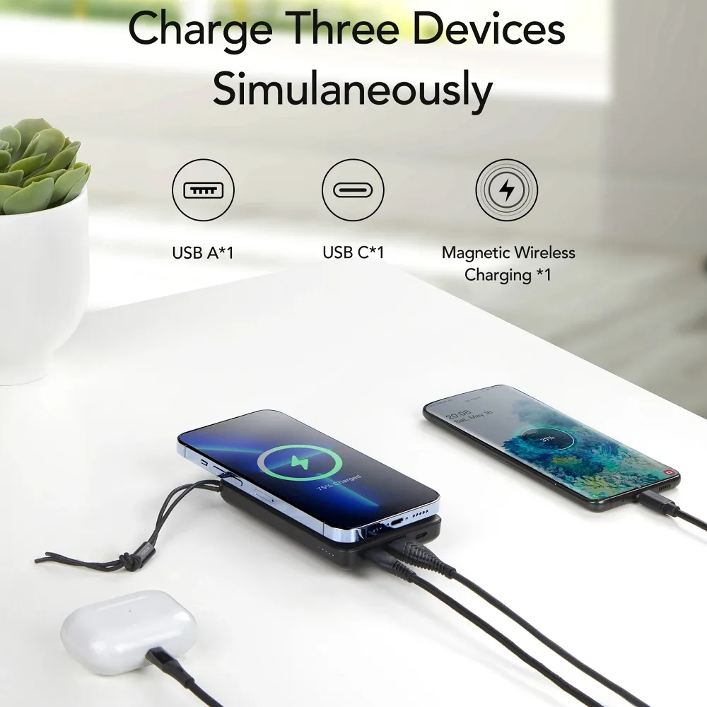 VEGER Powerbank 10 000 mAh mit induktiver Ladung kompatibel mit MagSafe PD QC3.0 2A 20W MagOn (VP1151 / W1151) weiß