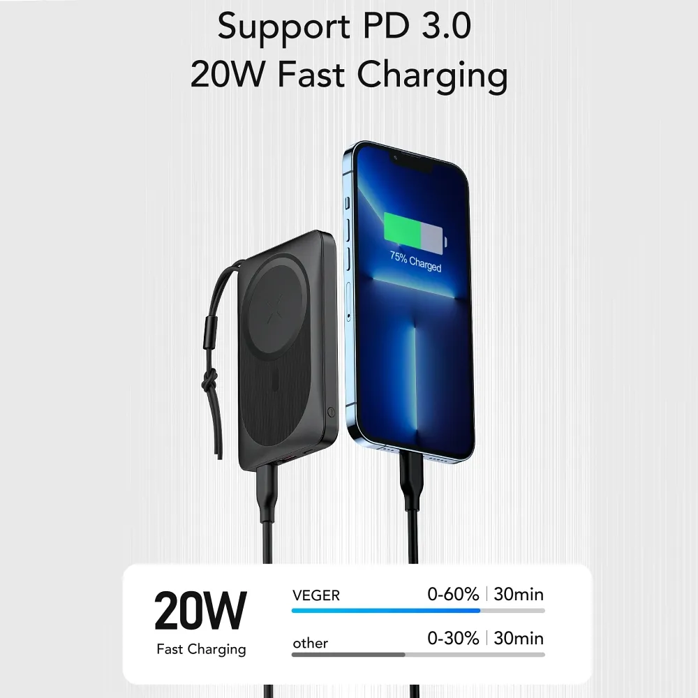 VEGER Powerbank 10 000 mAh mit induktiver Ladung kompatibel mit MagSafe PD QC3.0 2A 20W MagOn (VP1151 / W1151) weiß