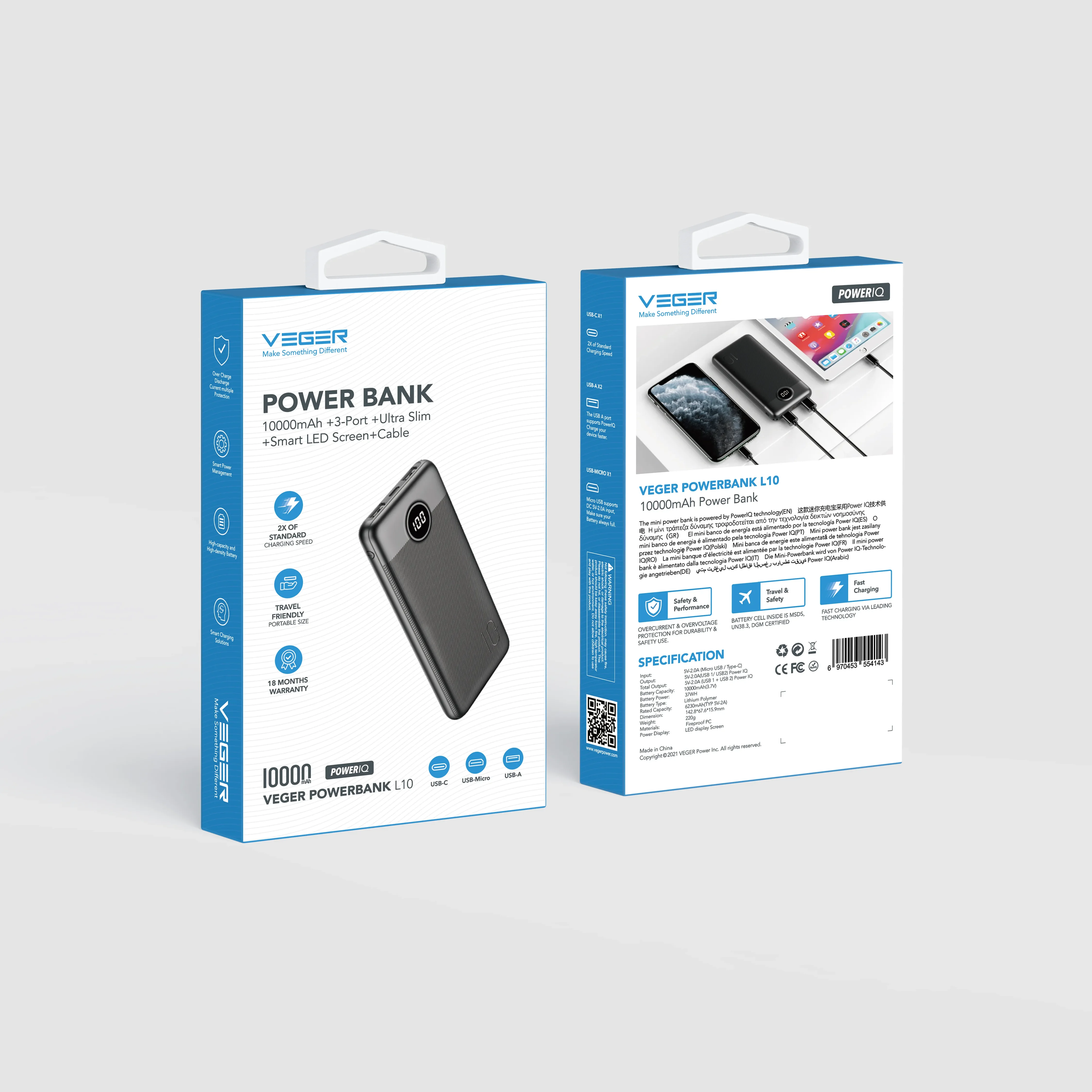 VEGER Powerbank 10 000 mAh PD QC3.0 2A 20W L10S (W1105PD) weiß