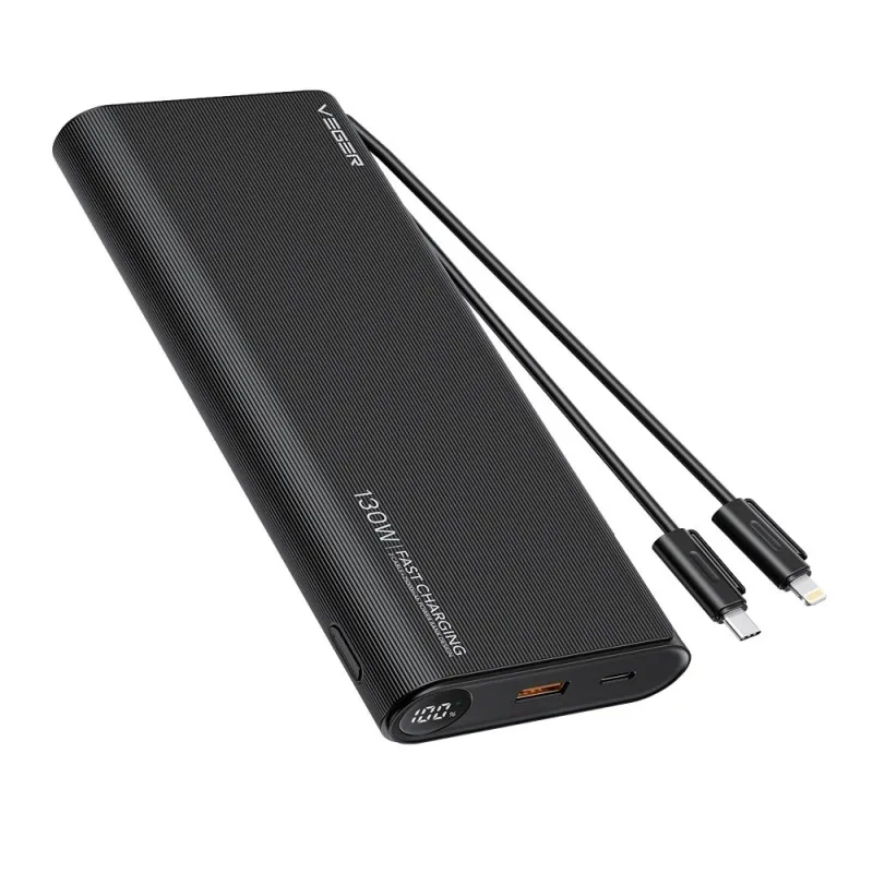 VEGER Powerbank 25 000 mAh mit integriertem Typ C / Lightning PD 130W Kabel TCE130 (W2503) schwarz