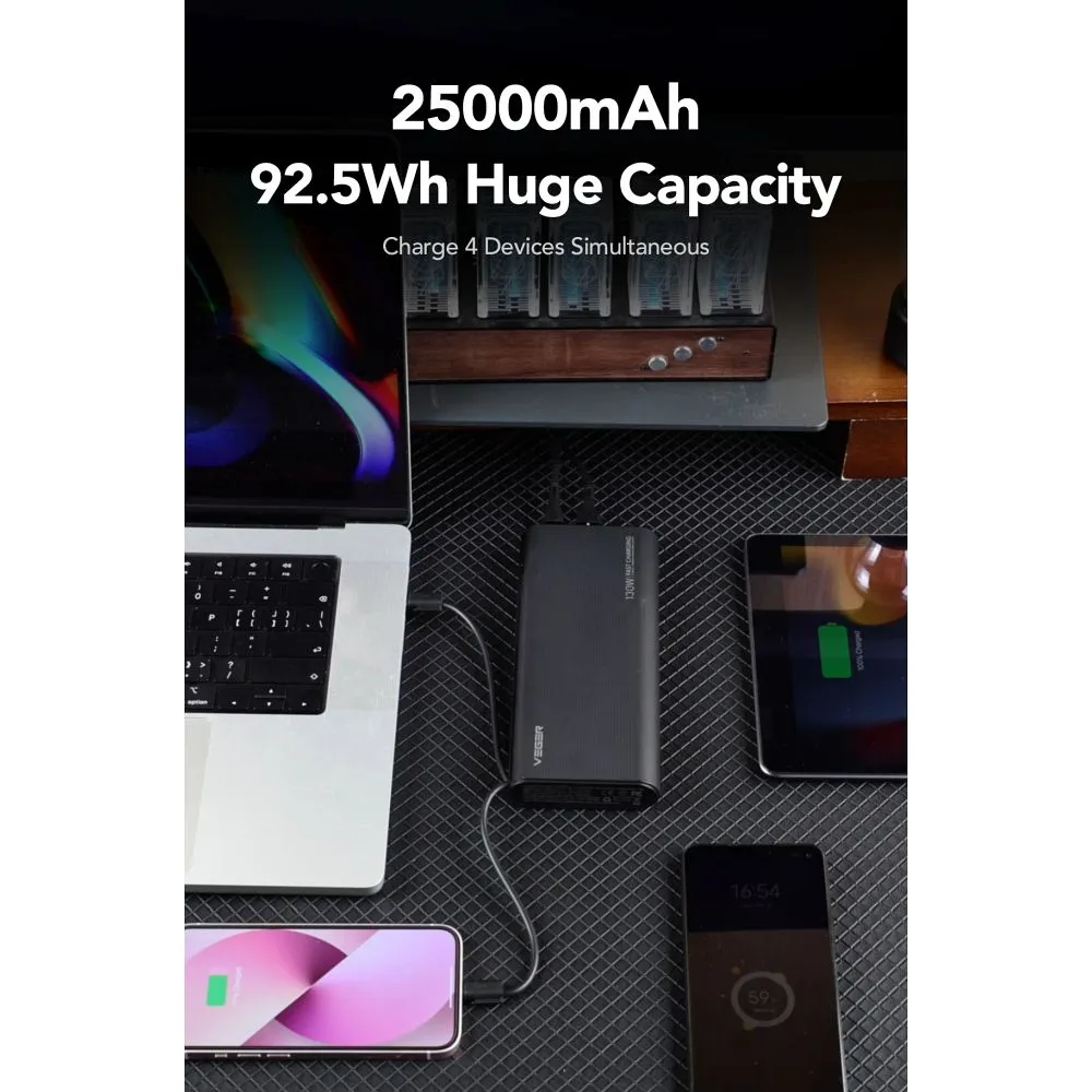 VEGER Powerbank 25 000 mAh mit integriertem Typ C / Lightning PD 130W Kabel TCE130 (W2503) schwarz
