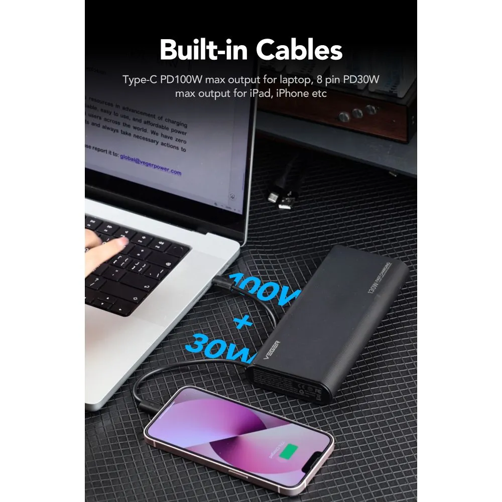 VEGER Powerbank 25 000 mAh mit integriertem Typ C / Lightning PD 130W Kabel TCE130 (W2503) schwarz