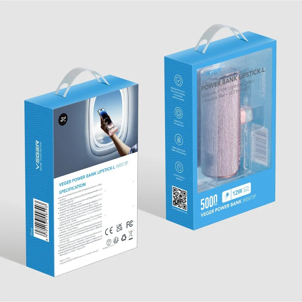 VEGER Powerbank 5 000 mAh mit integriertem Lightning PD QC3.0 2.4A 12W PlugOn (W0573P) rosa