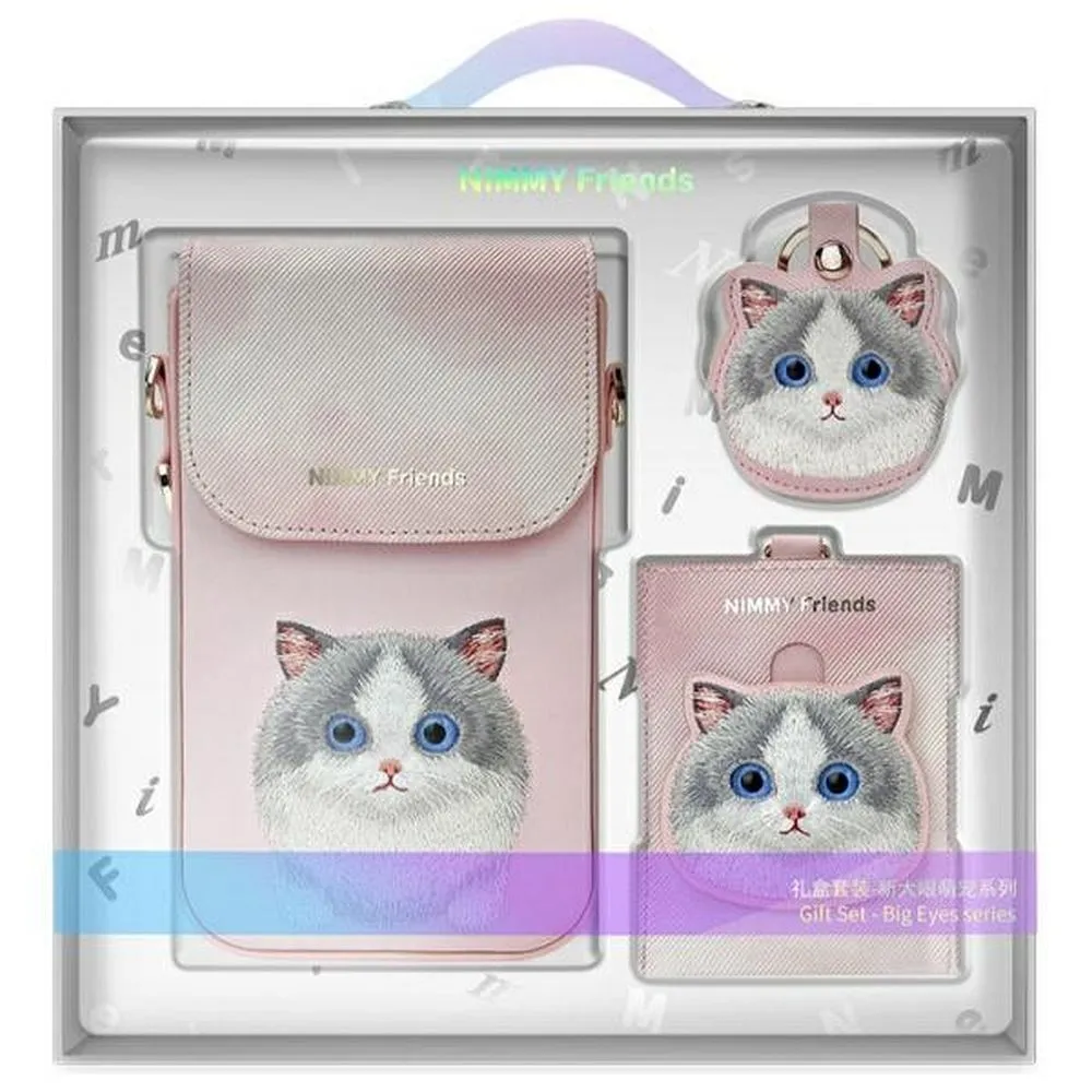 Phone case wallet handbag 3-in-1 Set Nimmy Big Eyed Pet 2.0 cat pink