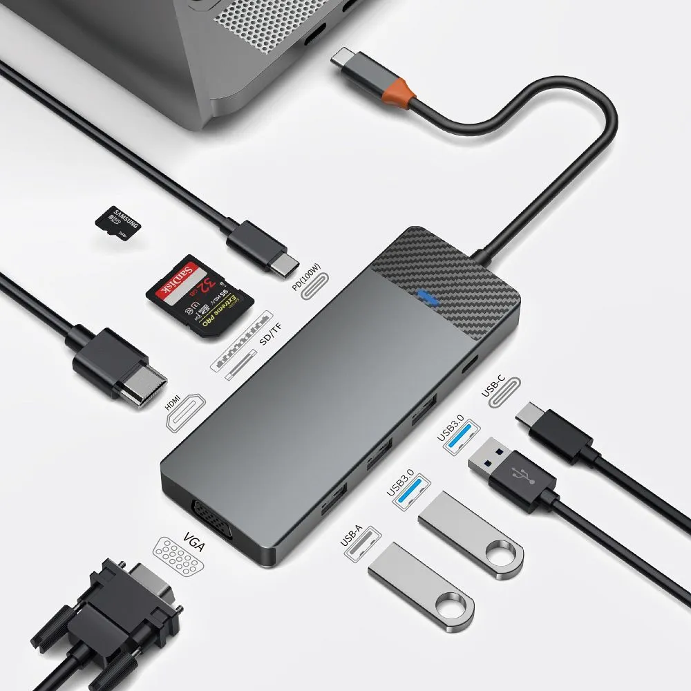 WiWU - HUB A921HV 9in1 USB3.0x2+USB2.0x1+SD/TF(3.0)+PD (100W)+USB-C(3.0)+HDMI(4K30HZ)+VGA1080P)