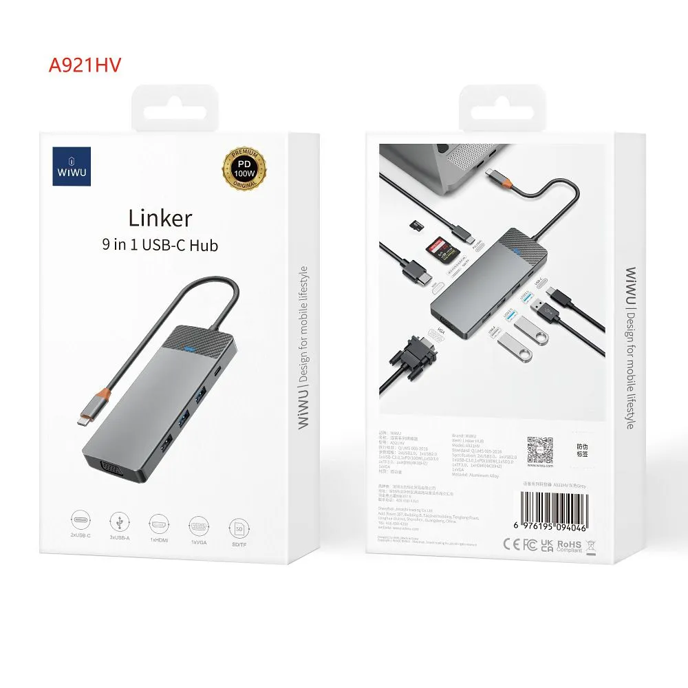 WiWU - HUB A921HV 9in1 USB3.0x2+USB2.0x1+SD/TF(3.0)+PD (100W)+USB-C(3.0)+HDMI(4K30HZ)+VGA1080P)
