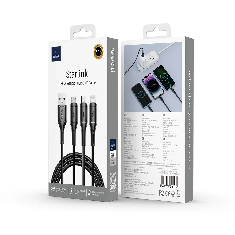 WiWU - Starlink Serie USB Kabel Wi-045E 3in1 USB A zu USB C, Micro USB, Lightning 3.1A 1m - schwarz