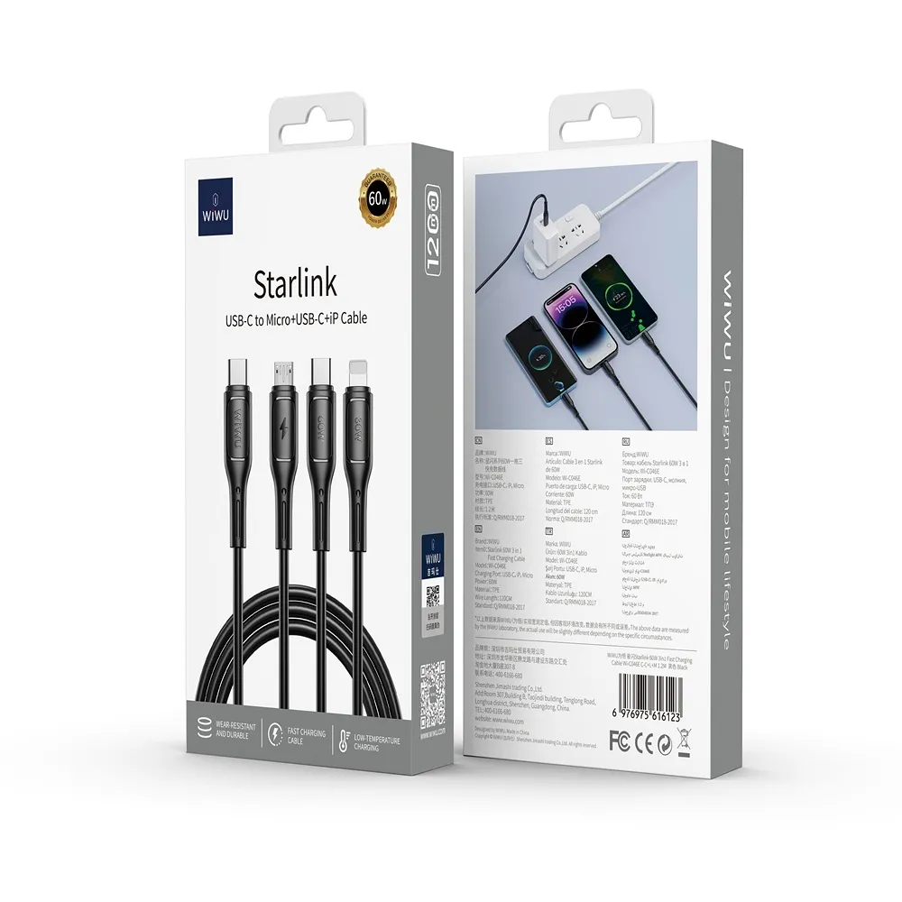 WiWU - Starlink Serie USB Kabel Wi-046E 3in1 USB C zu USB C, Micro USB, Lightning 60W 1m - schwarz