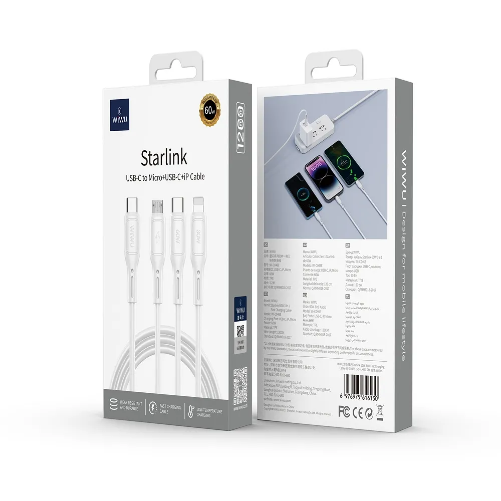 WiWU - Starlink Serie USB Kabel Wi-046E 3in1 USB C zu USB C, Micro USB, Lightning 60W 1m - weiss