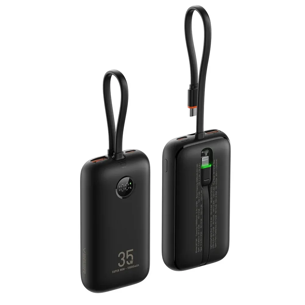 Powerbank Veger K1 (W1188) PD QC3.0 35W 10000 mAh with built-in Typ C cables / Lightning czarny
