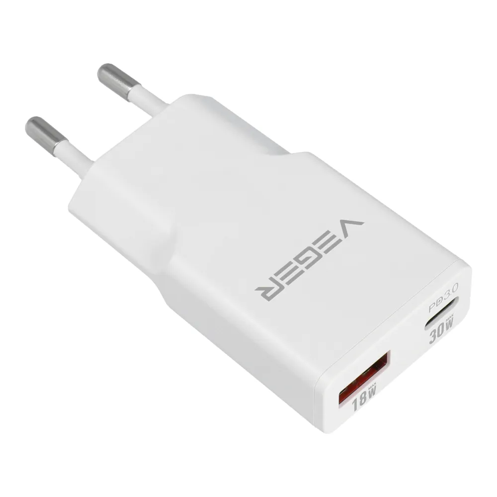 Phone charger VEGER USB A + USB C QC PD 30W 30W1A1C white