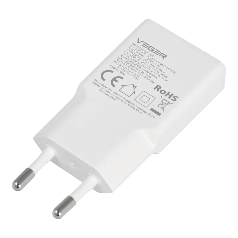 Phone charger VEGER USB A + USB C QC PD 30W 30W1A1C white